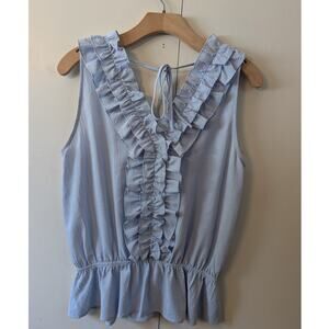 Doe & Rae Blue Ruffle V Neck Top